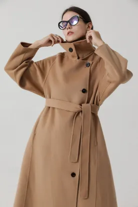 Women's loose fit stand collar lace up single breasted wool coat