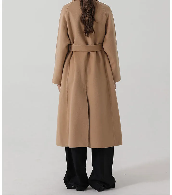 Women's loose fit stand collar lace up single breasted wool coat