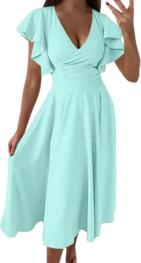 Women's Solid Color Ruffled Skirt Low V Neck Waist Slimming Sexy Dress Big House
