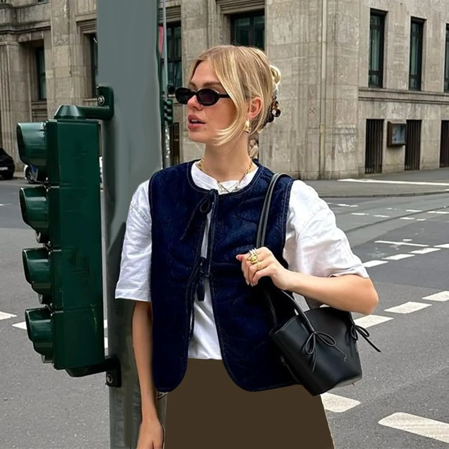 Women's Tie Front Quilted Vest Fall Winter Tie-Up Gingham Sleeveless Jacket Denim Gilet Y2K Streetwear