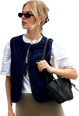 Women's Tie Front Quilted Vest Fall Winter Tie-Up Gingham Sleeveless Jacket Denim Gilet Y2K Streetwear