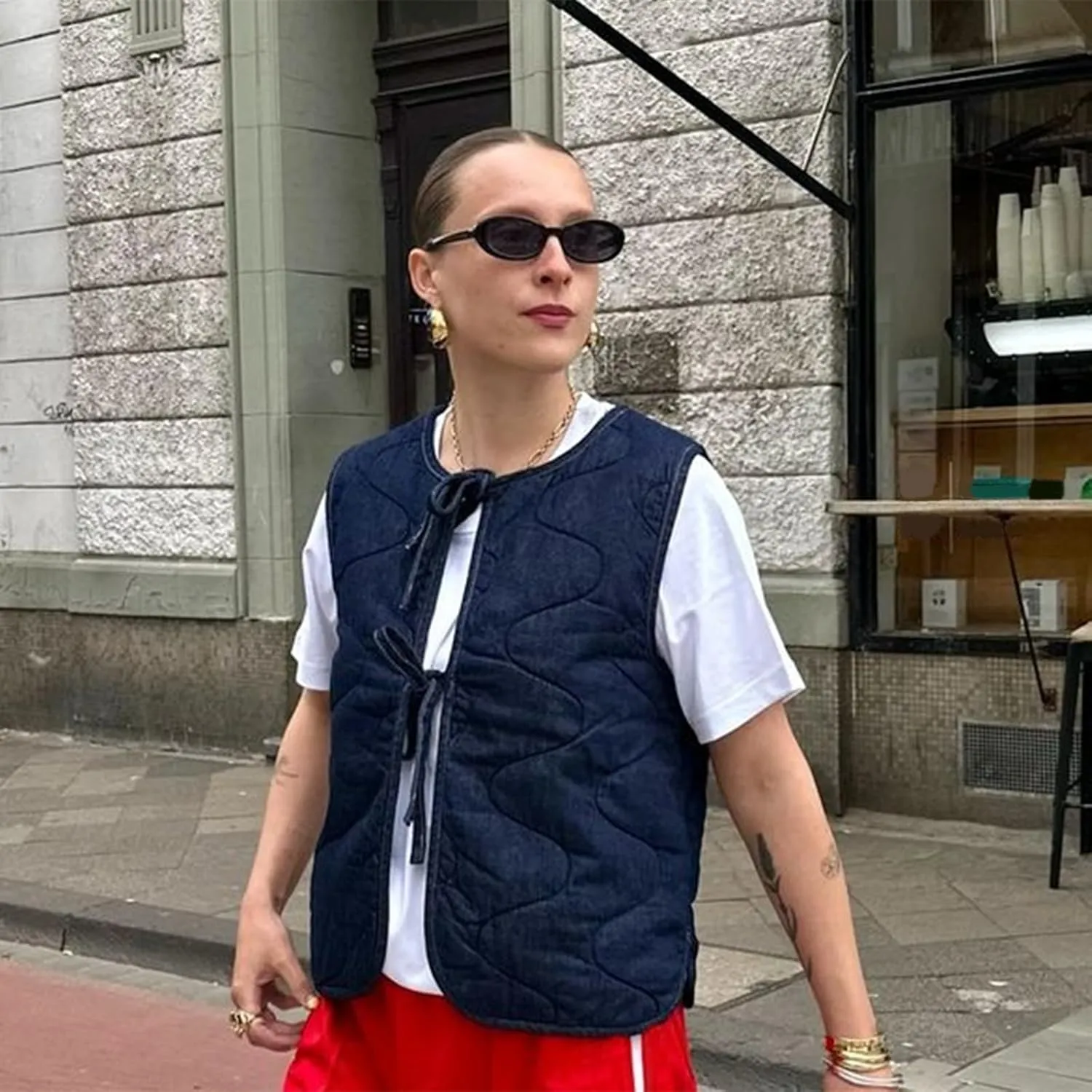 Women's Tie Front Quilted Vest Fall Winter Tie-Up Gingham Sleeveless Jacket Denim Gilet Y2K Streetwear