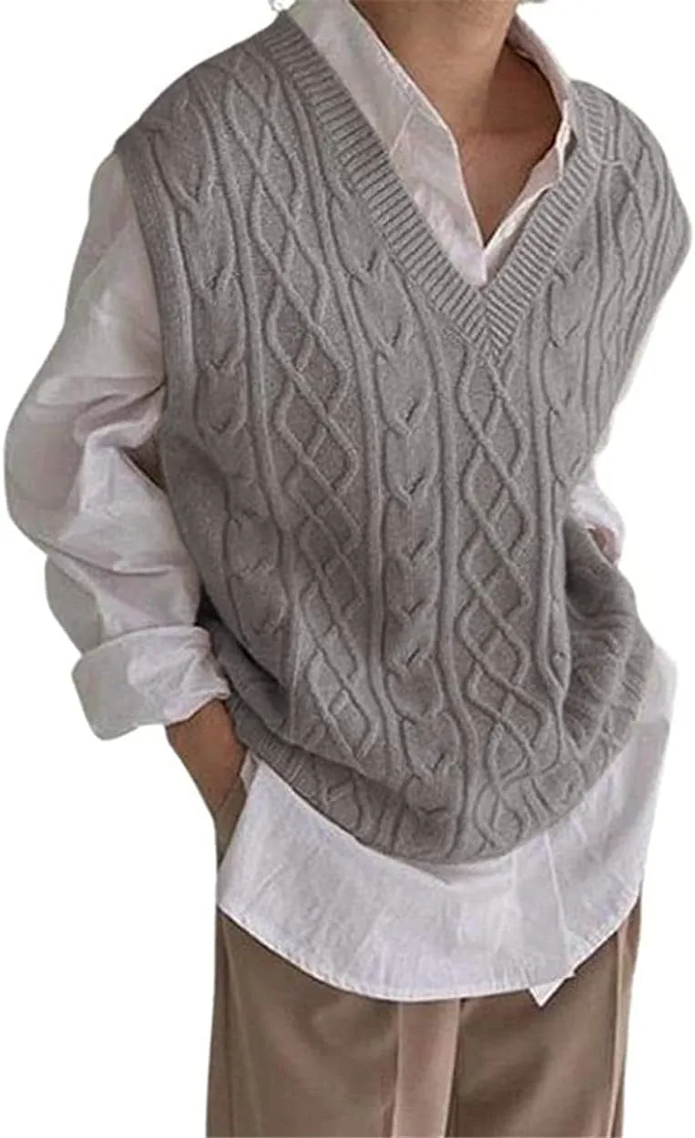 Women's V Neck Sweater Vest Oversized Sleeveless Loose Knit Tops Cable Sleeveless Sweater