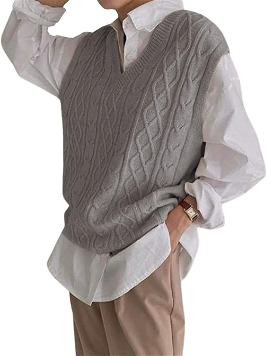 Women's V Neck Sweater Vest Oversized Sleeveless Loose Knit Tops Cable Sleeveless Sweater