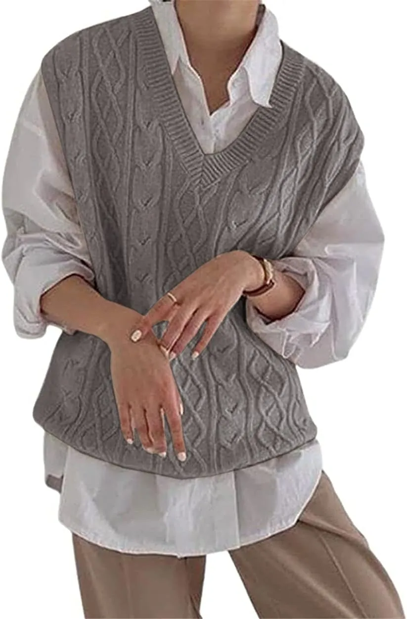 Women's V Neck Sweater Vest Oversized Sleeveless Loose Knit Tops Cable Sleeveless Sweater