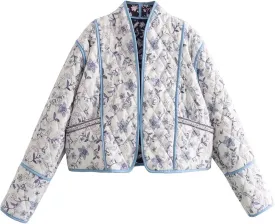 Wyeysyt Women's Cropped Puffer Quilted Jacket Cardigan Floral Printed Lightweight Long Sleeve Open Front Short Padded Coats