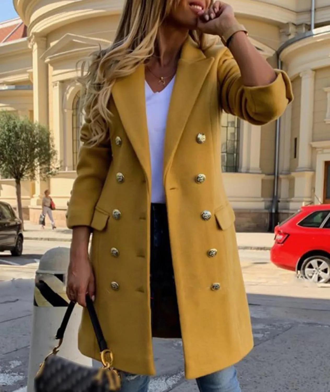 xxxiticat Women's Double Breasted Trench Coat Long Sleeve Notch Lapel Collar Winter Overcoat Windbreaker Wool Coat