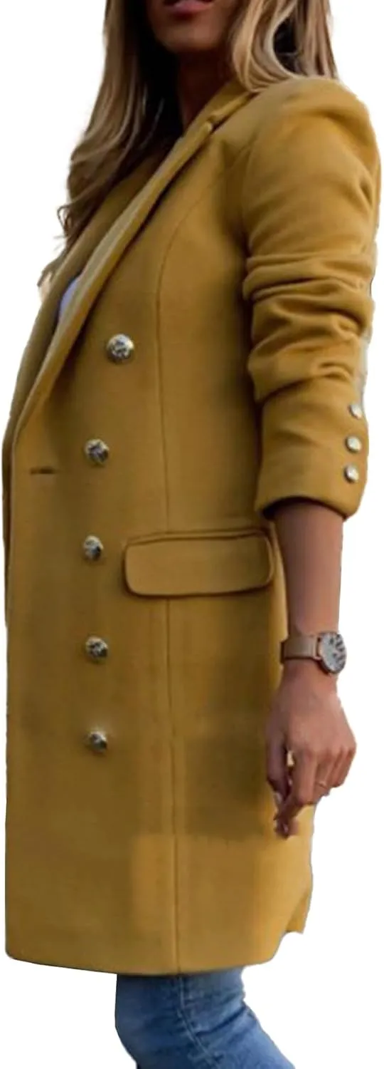 xxxiticat Women's Double Breasted Trench Coat Long Sleeve Notch Lapel Collar Winter Overcoat Windbreaker Wool Coat