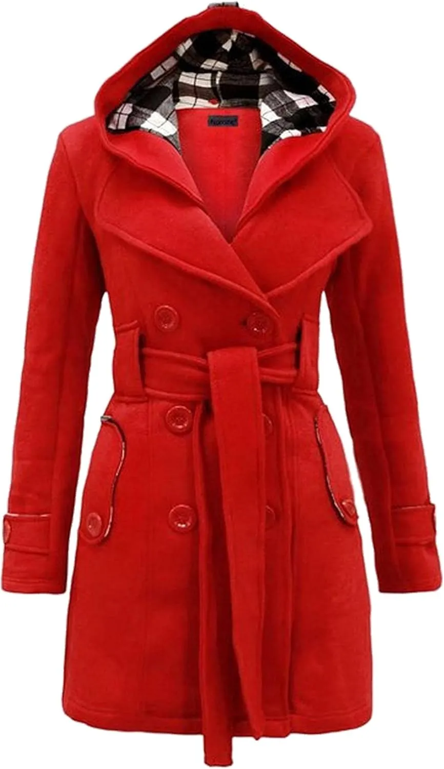 YMING Womens Winter Double Breasted Pea Coat Warm Wool Blend Trench Coat Hooded Plaid Outwear with Belt