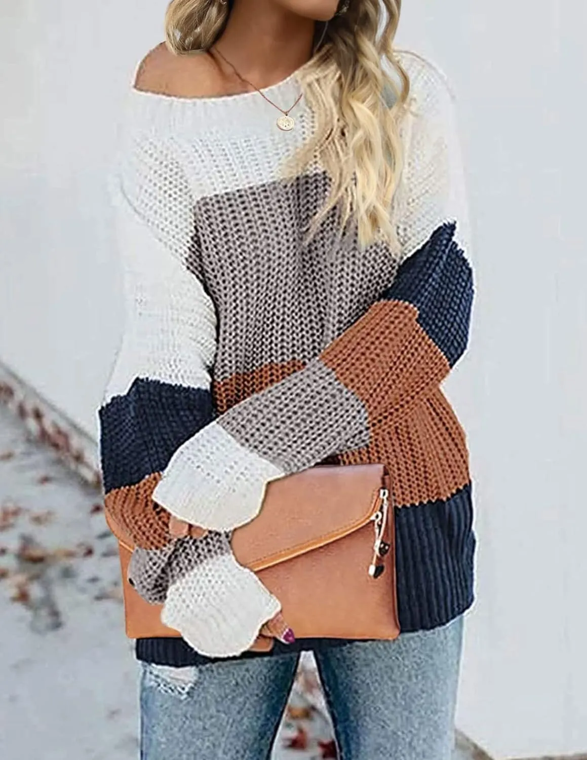 ZESICA Women's Fall Long Sleeve Crew Neck Striped Color Block Casual Loose Knitted Pullover Sweater Tops