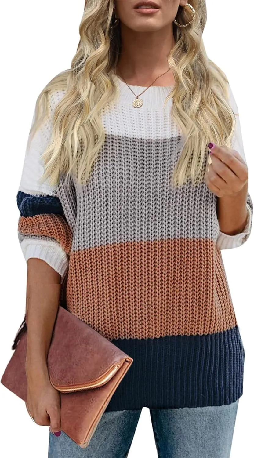 ZESICA Women's Fall Long Sleeve Crew Neck Striped Color Block Casual Loose Knitted Pullover Sweater Tops