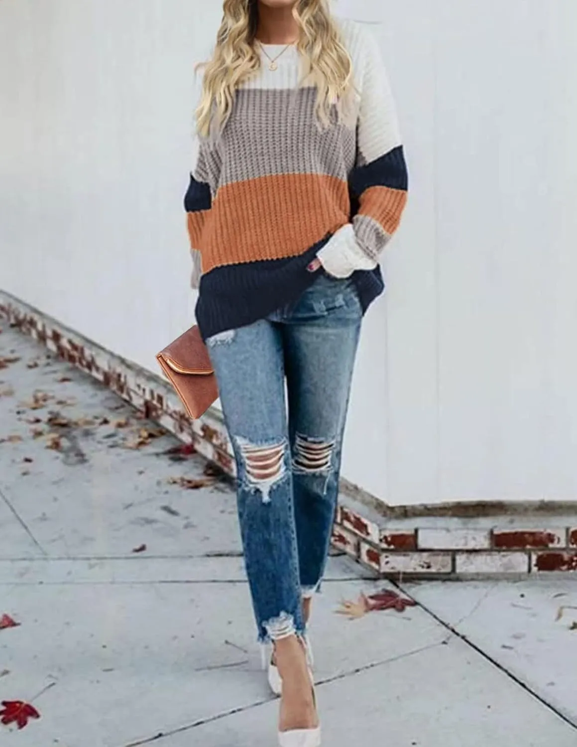 ZESICA Women's Fall Long Sleeve Crew Neck Striped Color Block Casual Loose Knitted Pullover Sweater Tops