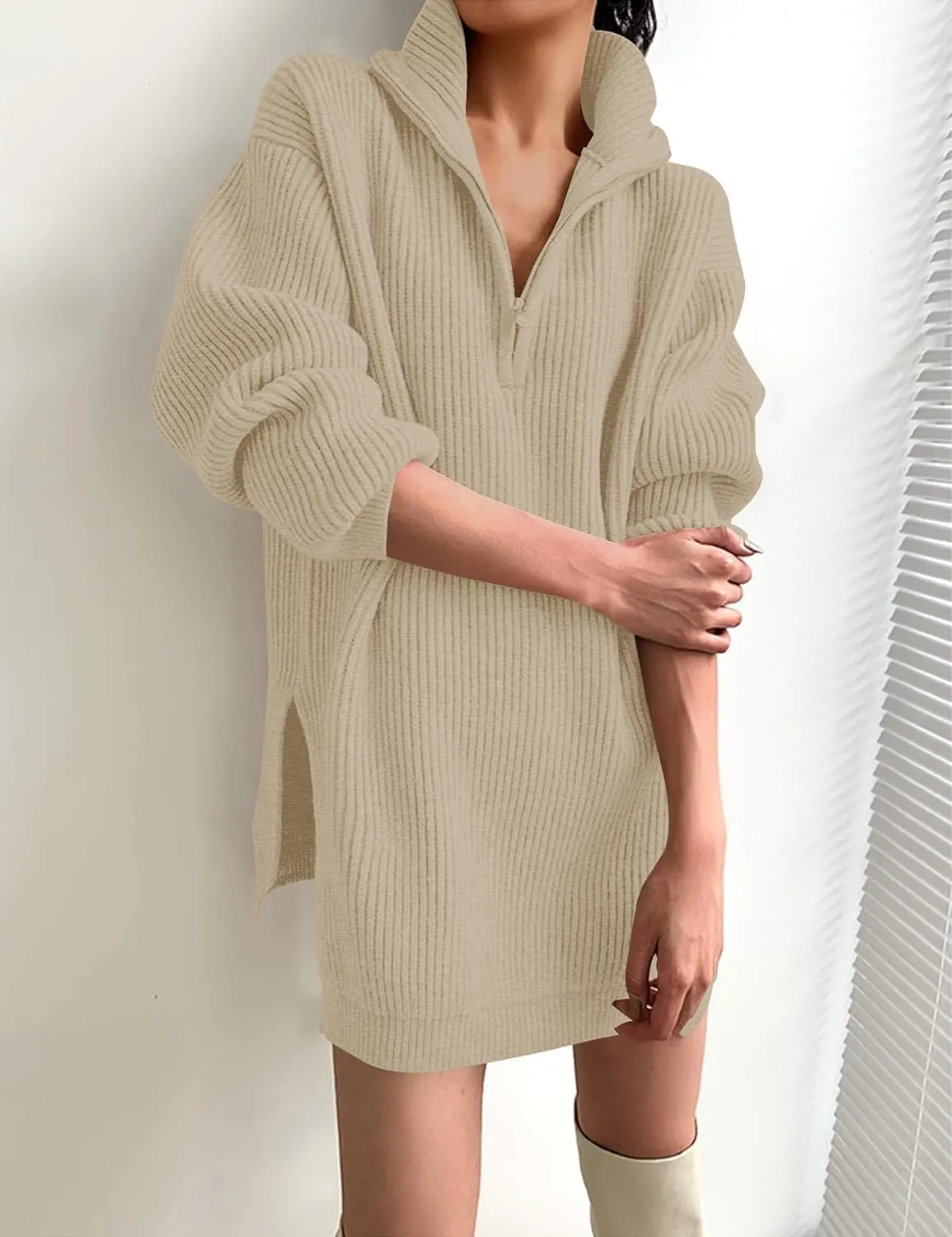 ZESICA Women's Long Sleeve Mini Sweater Dress Fall Quarter Zip Ribbed Knit Oversized Pullover Jumper Sweaters
