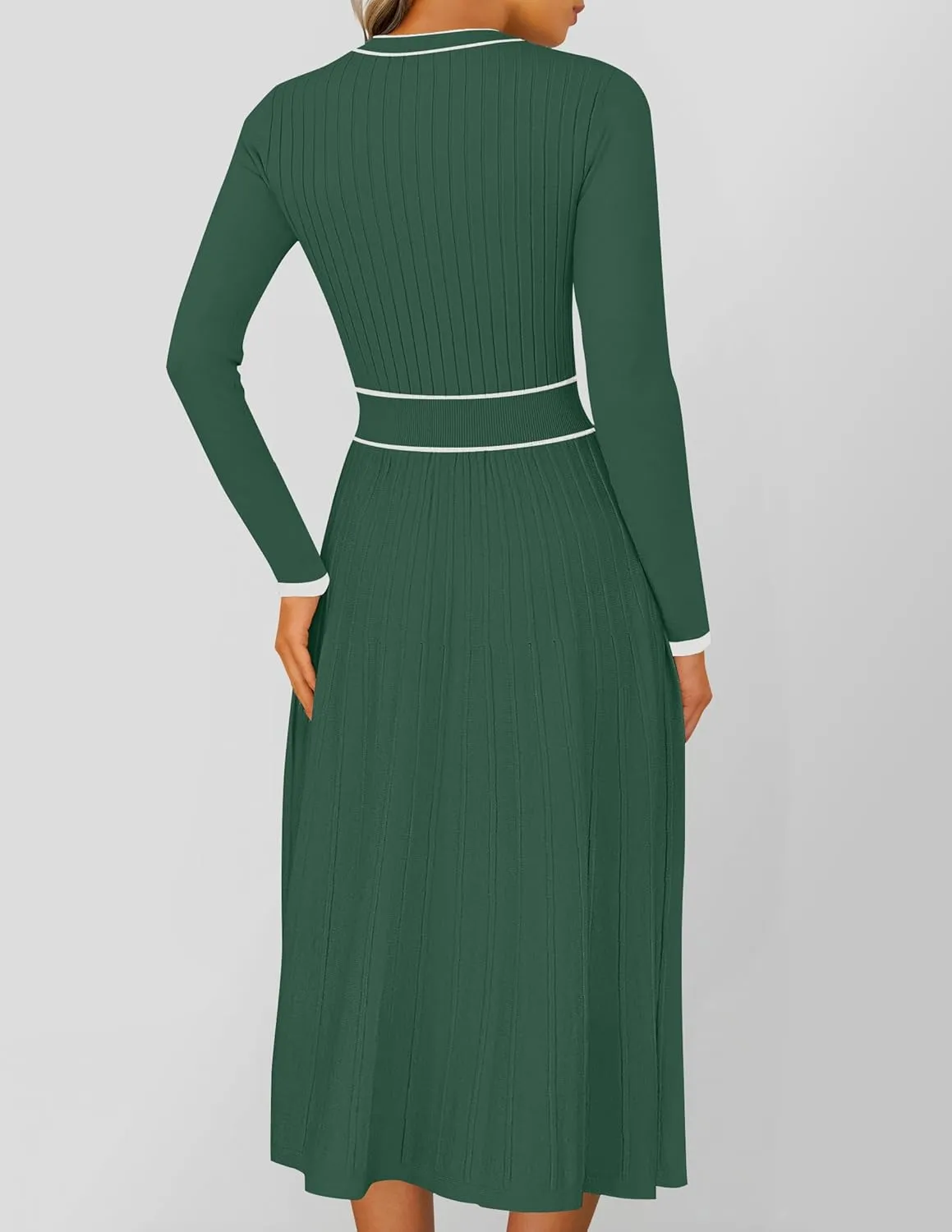 ZESICA Women's Spring Pleated Sweater Dress Long Sleeve Crewneck Ribbed Knitted Midi Dresses