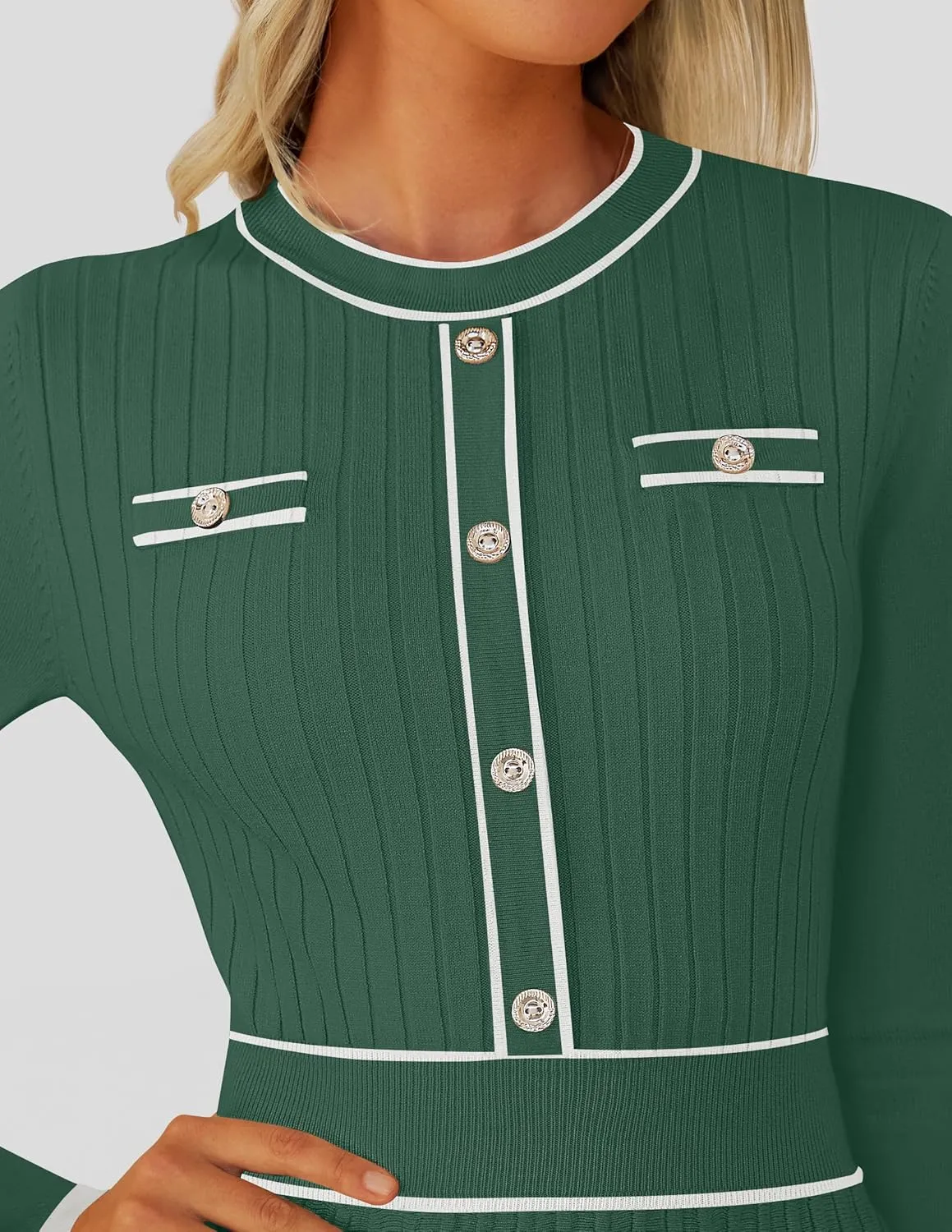 ZESICA Women's Spring Pleated Sweater Dress Long Sleeve Crewneck Ribbed Knitted Midi Dresses