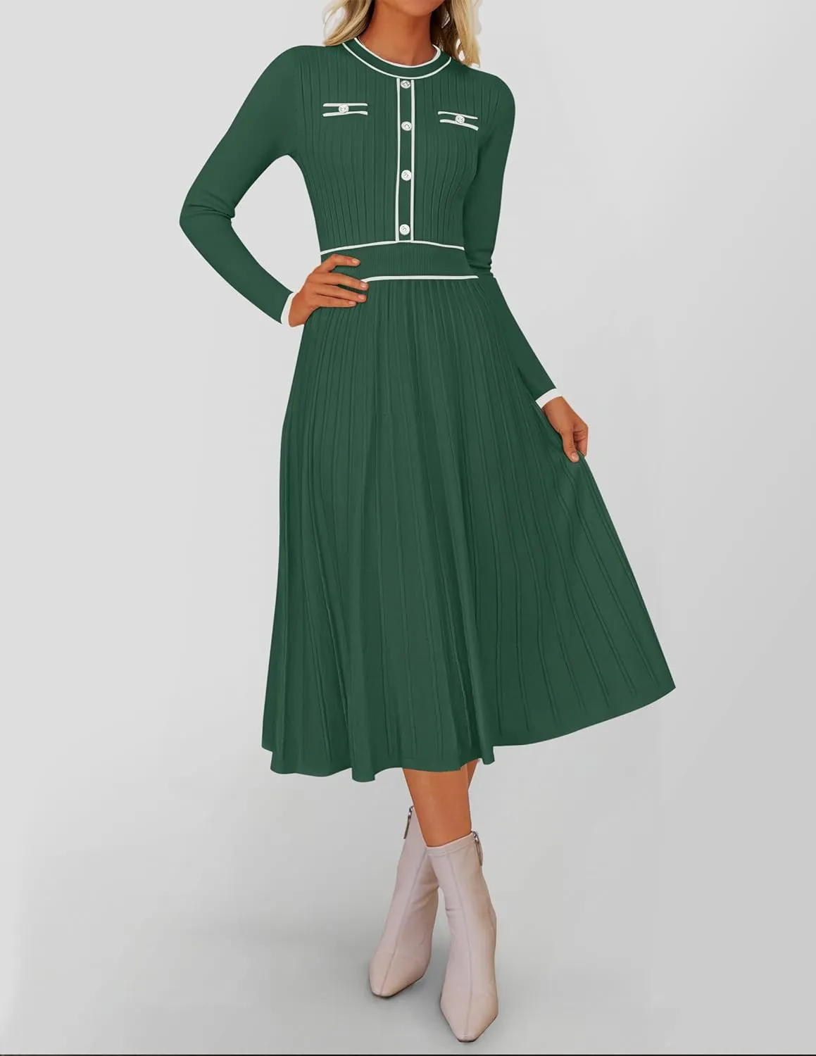 ZESICA Women's Spring Pleated Sweater Dress Long Sleeve Crewneck Ribbed Knitted Midi Dresses
