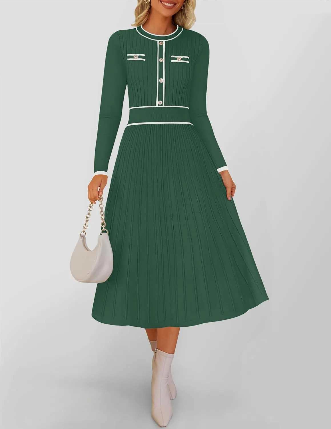 ZESICA Women's Spring Pleated Sweater Dress Long Sleeve Crewneck Ribbed Knitted Midi Dresses