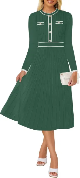 ZESICA Women's Spring Pleated Sweater Dress Long Sleeve Crewneck Ribbed Knitted Midi Dresses