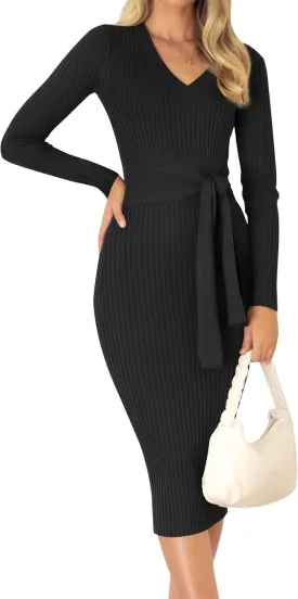 ZESICA Women's Spring Sweater Dress V Neck Long Sleeve Ribbed Knit Tie Waist Slim Fit Bodycon Midi Dresses
