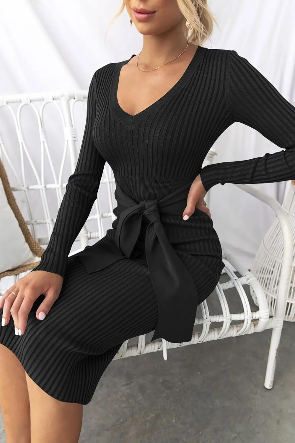 ZESICA Women's Spring Sweater Dress V Neck Long Sleeve Ribbed Knit Tie Waist Slim Fit Bodycon Midi Dresses